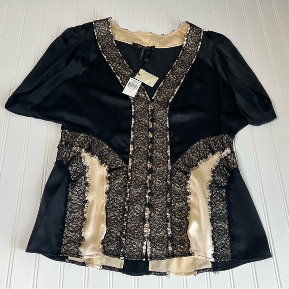 BCBGMaxAzria Black Ivory Lace Short Sleeve Top Women's Blouse Large NEW - Picture 1 of 5
